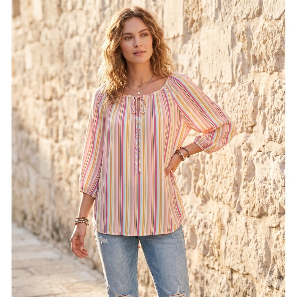 Lane Bryant Boho Peasant Top Pink Striped Tie Neck Gauzy Casual Coastal 14 16 1X